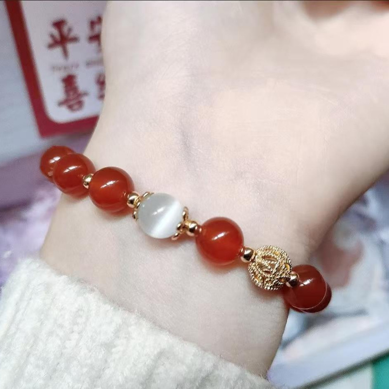【Hottest Trends】Ins New Chinese Style Red Agate Crystal Bracelet Single Circle Male and Female White Cat's Eye Color-retaining Flower Ball Bracelet Jewelry