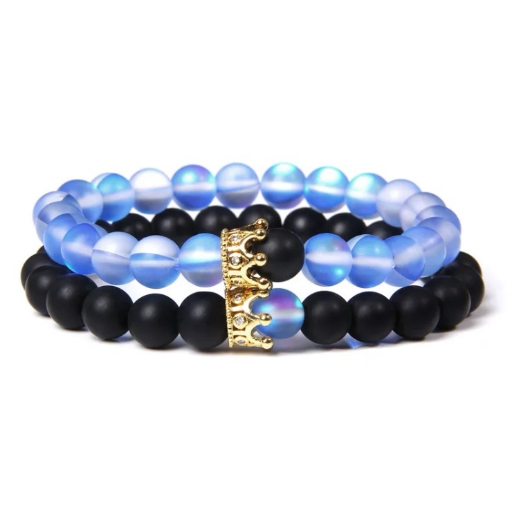 Masala Beads 2pcs Set Moonstone Bead Gold Crown Charm Metal Color Couple Lover Bff Friendship Bracelet Unisex