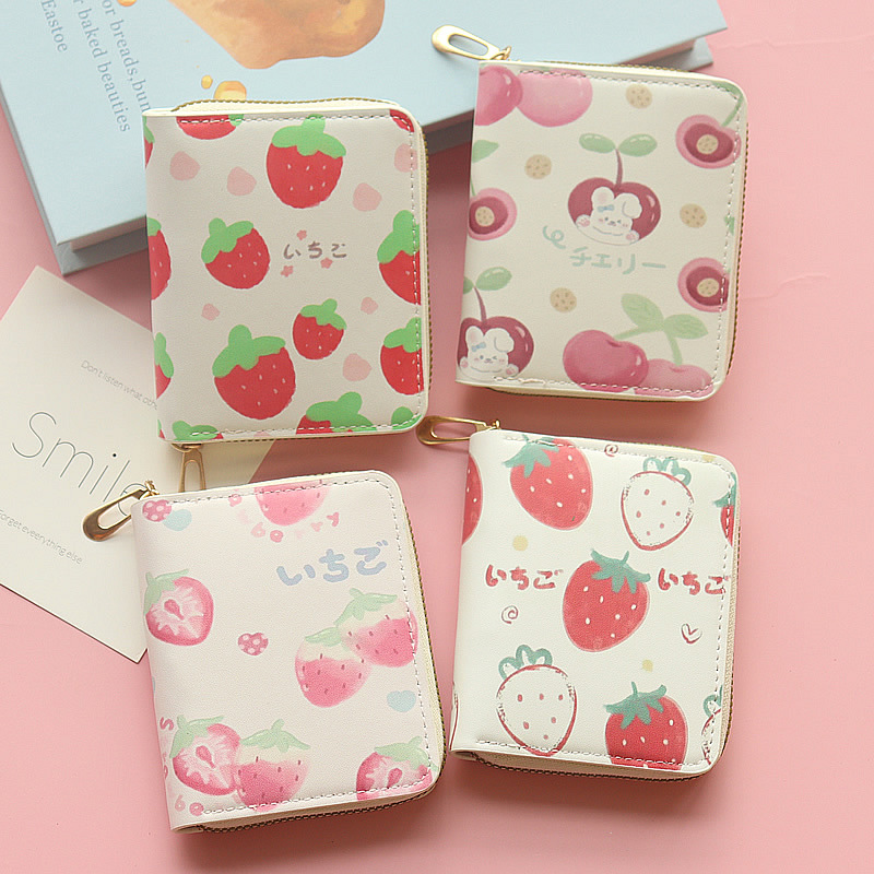Cartoon Fashion Fruit Print Cute Short Chain Wallet Female Student Wallet Large Capacity Strawberry Fresh Coin Purse
