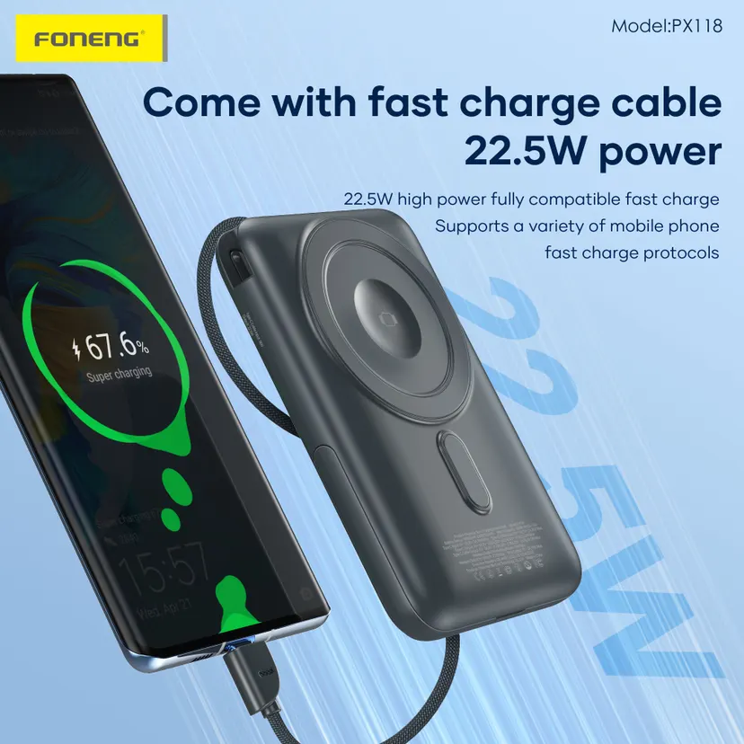 Foneng 10000mah Powerbank | Pocket mini Magsafe Powerbank | 22.5W Fast Charging |15W Wireless | Attached cable | PD input & output | Multiple device charging | Metallic UV coating | 1 year warranty | Silver & Gray | PX118