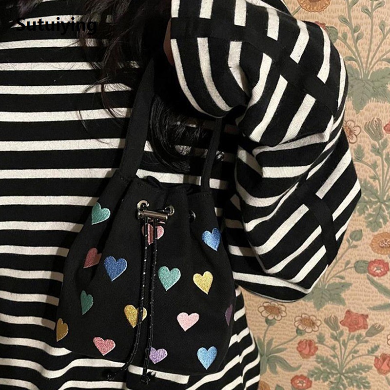 Sutuiying New Embroidered Love Drawstring Handbag Women S Single Shoulder New Mini Bucket Bag GJCUTE | Fashion New Design hand bag