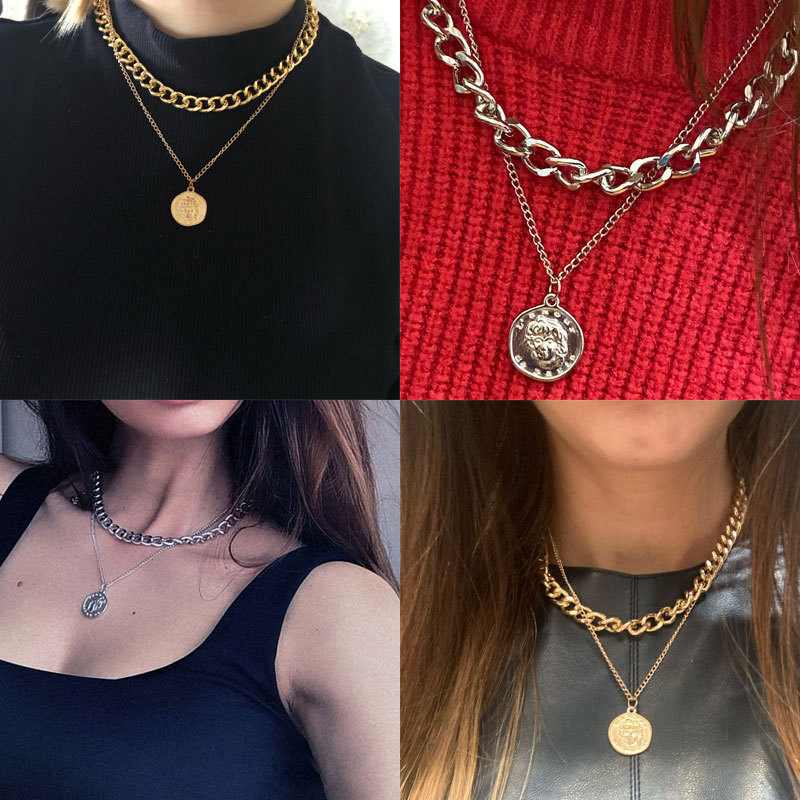 【New Arrivals】Vintage Double Layer Necklace Women's Set Beauty Head Coin Round Brand Pendant Thick Necklace Clavicle Chain