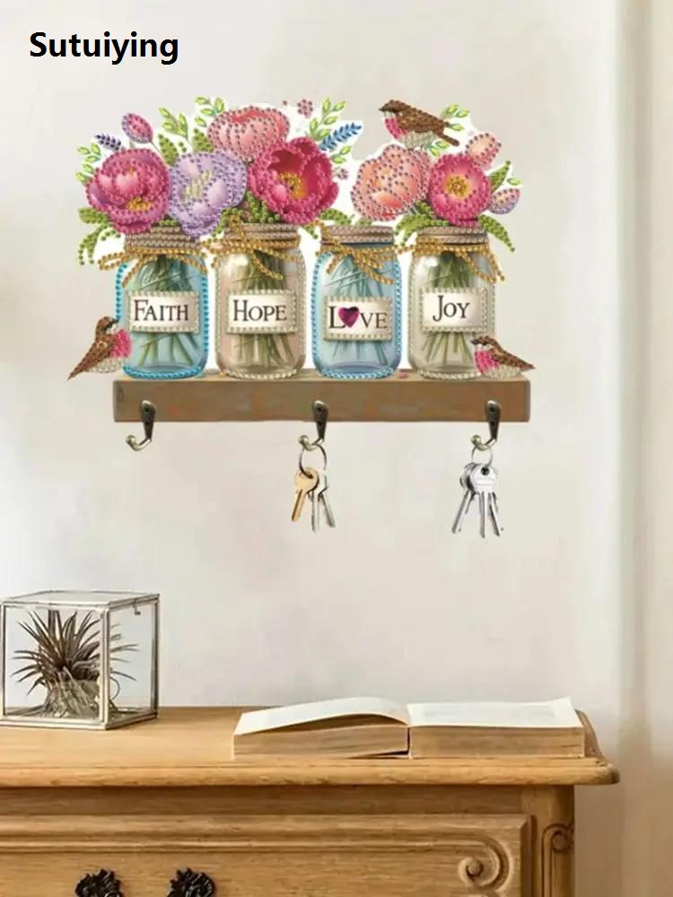 Sutuiying 1pc/Set DIY Dogs Diamond Art Wall Hooks for Hanging Wall Mounted High Quality Wooden Coat Rack with 3 Hooks Diamond Painting Key Hooks