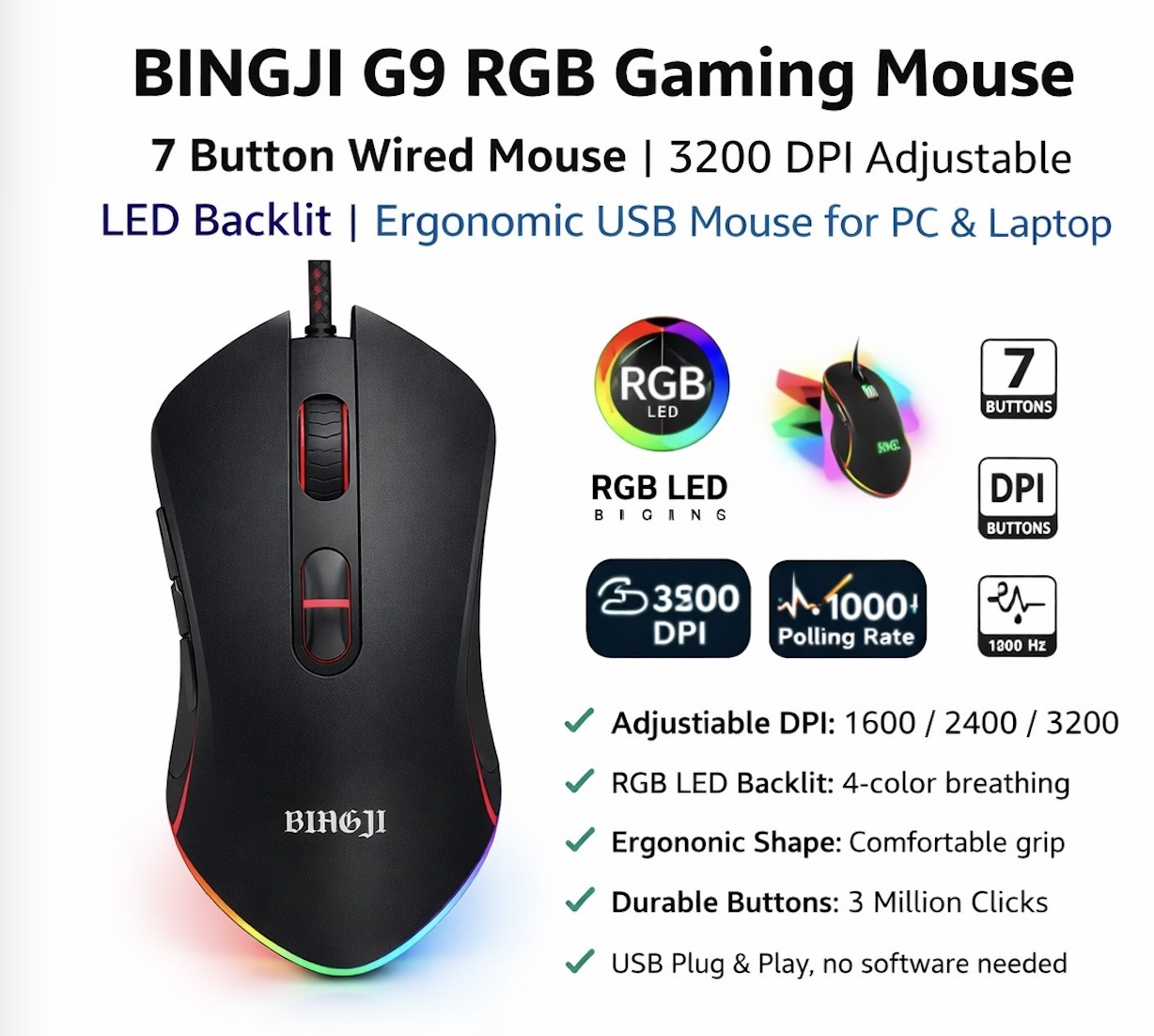 BINGJI G9 RGB Gaming Mouse | 7 Button Wired Mouse | 3200 DPI Adjustable | LED Backlit | Ergonomic USB Mouse for PC & Laptop
