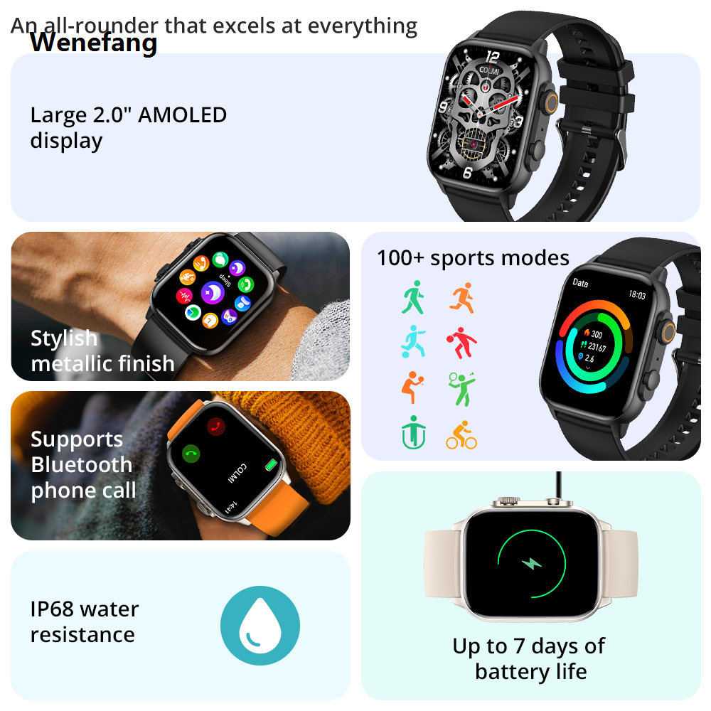 Wenefang COLMI C81 2.0'' AMOLED Smartwatch Support AOD, 100 Sports Modes, Sales promotion IP68 Waterproof Smart Watch Men Women PK Ultra Series 8
