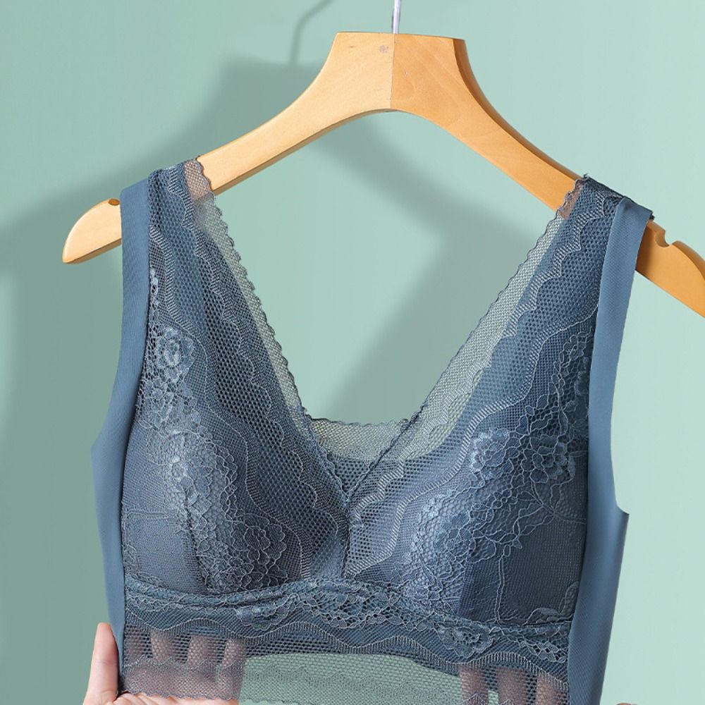 Breathable Mesh Flower Lace Deep V Bras Shockproof Seamless Push Up Bras Lingerie Large Size Wireless Bras Running