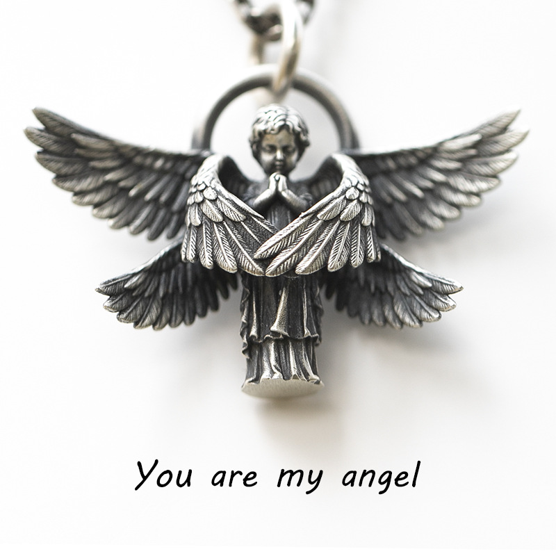 certifications】Vintage Seraph Pendant Trendy Personalized Long Titanium Steel Sweater Imitation Thai Silver Wings Necklace