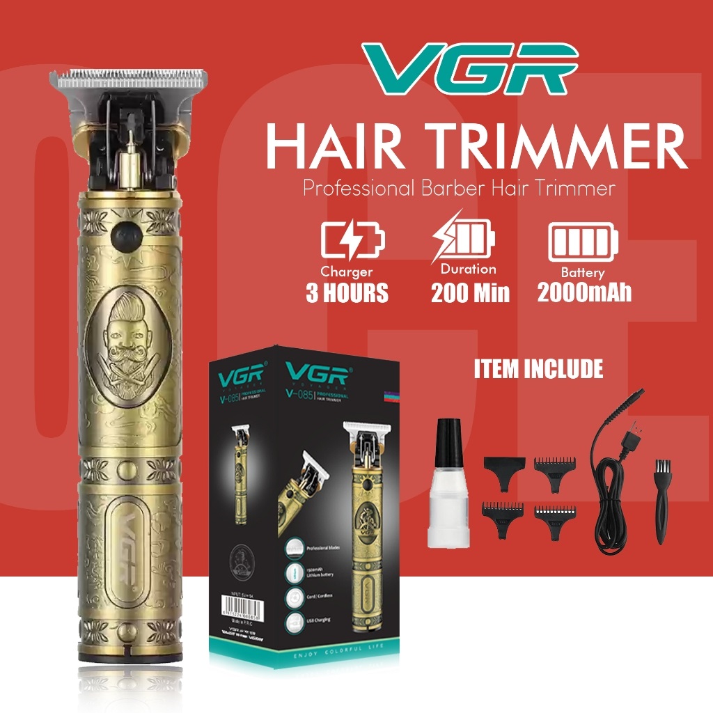 VGR 085 Hair Clipper | Professional Rechargeable Hair Trimmer | Vintage Engraving Design | T9 Trimmer | USB Rechargeable