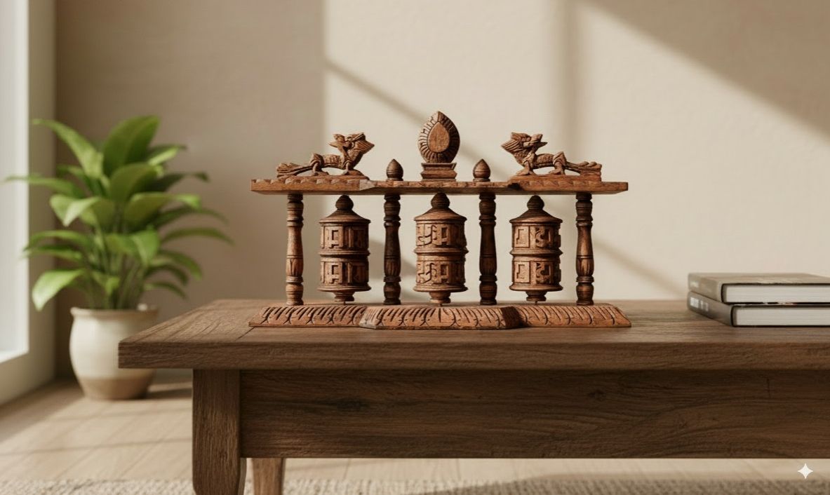 Om Mane Prayer - Tibetan Prayer Wheel Set - 42*16*10cm / 1.5kg / Handcrafted Wooden- Spiritual Elegance for Your Home