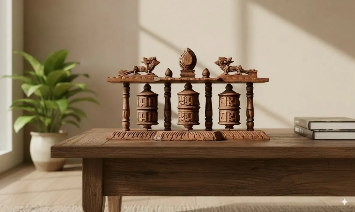Om Mane Prayer - Tibetan Prayer Wheel Set - 42*16*10cm / 1.5kg / Handcrafted Wooden- Spiritual Elegance for Your Home - image 1