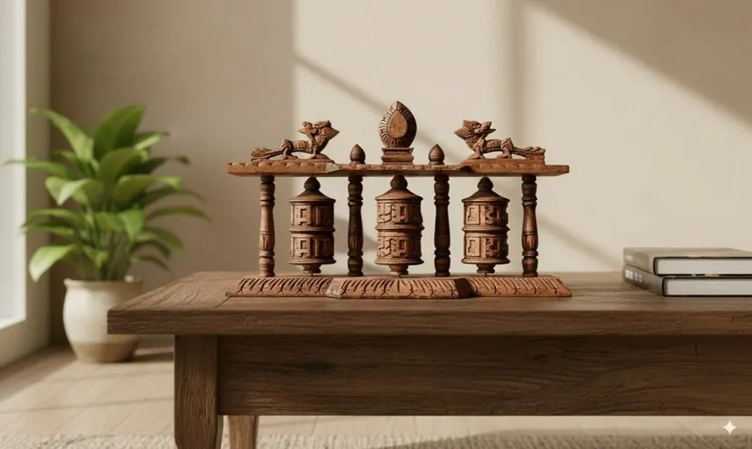Om Mane Prayer - Tibetan Prayer Wheel Set - 42*16*10cm / 1.5kg / Handcrafted Wooden- Spiritual Elegance for Your Home
