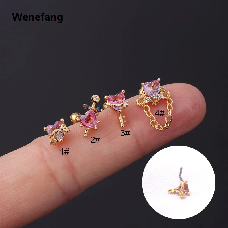 Wenefang 1Pcs Fashion L Shaped Nose Studs Piercing Jewelry 316L Stainless Steel Heart CZ Dangle Nose Stud Screw Indian Nose Ring Piercing