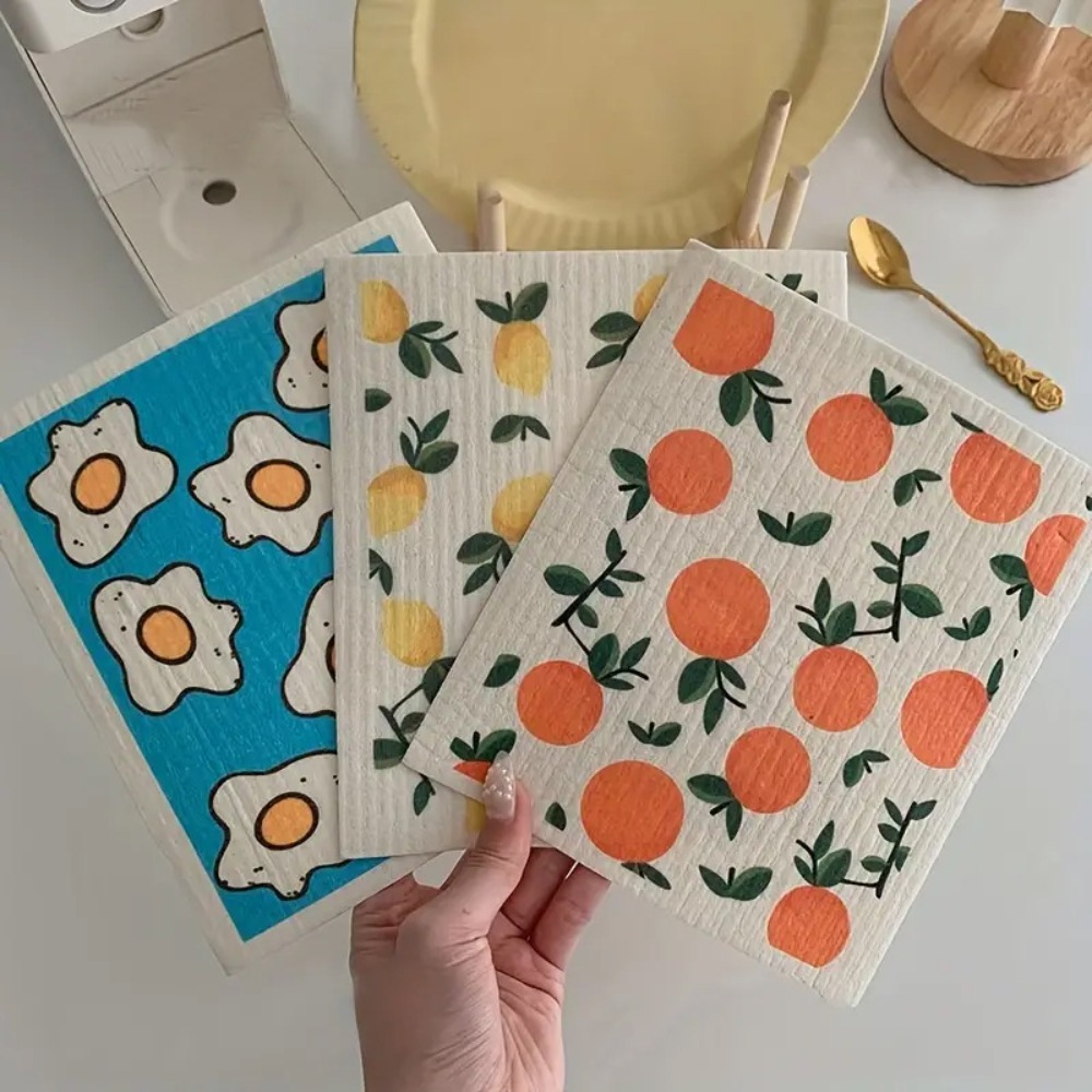 3 pcs High Quality Reusable Cellulose Sponge Cloth Printing Durable Cleaning Rag Colorful Ultra Absorbent Dish Towels