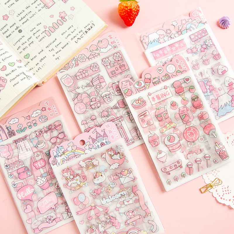 RHS Online 4 Sheets Cartoon Stickers Journaling Cute Girly PET Stickers for Diary DIY Scrapbooking Decorate