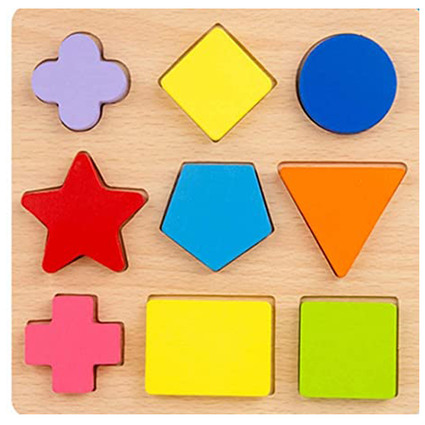 Cute Baby Colorful Wooden 3D Geometric Shapes (Star, Triangle, Square) Montessori Puzzle Board, Early Learning & Education Teaching Toys for Kids