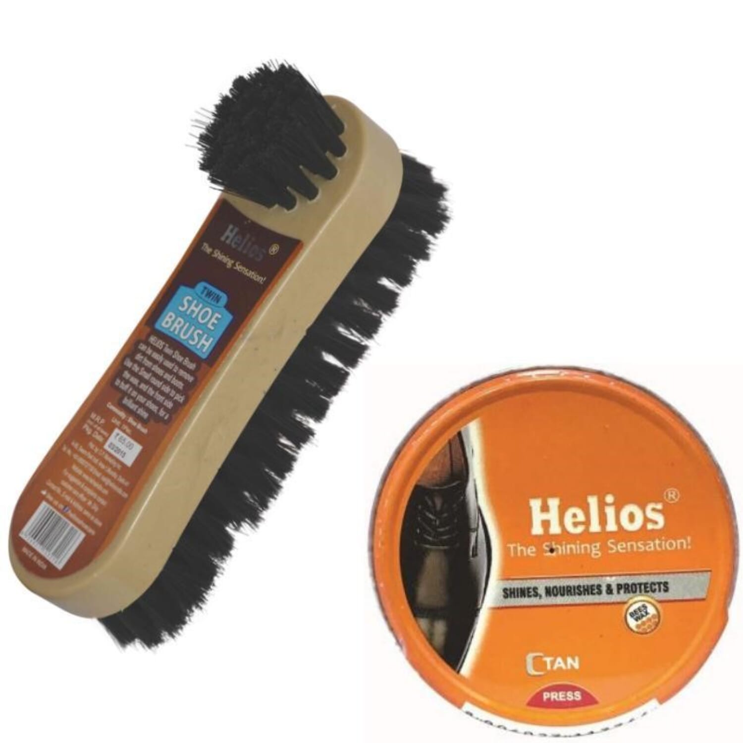 Helios Tan Wax Shoe Polish And Twin Shoe Brush Combo Value Pack