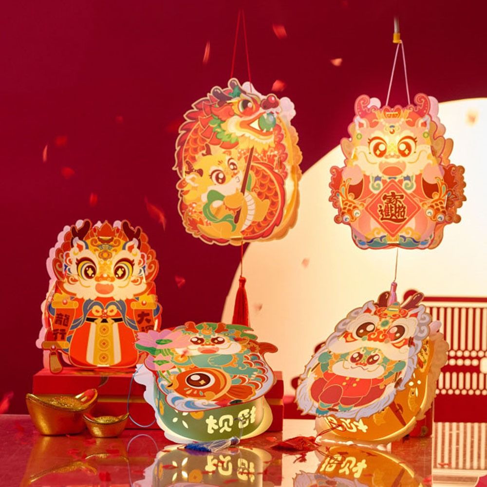 Creative Cartoon Handheld Dragon Lantern Handmade LED Light Handheld Glowing Lanterns Chinese Style Paper DIY Material Package Photography Props