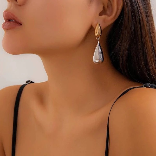 Elegant Two-Tone Waterdrop Dangle Earrings for Women | Gold & Silver Teardrop Drop Earrings | Minimalist Fashion Jewelry