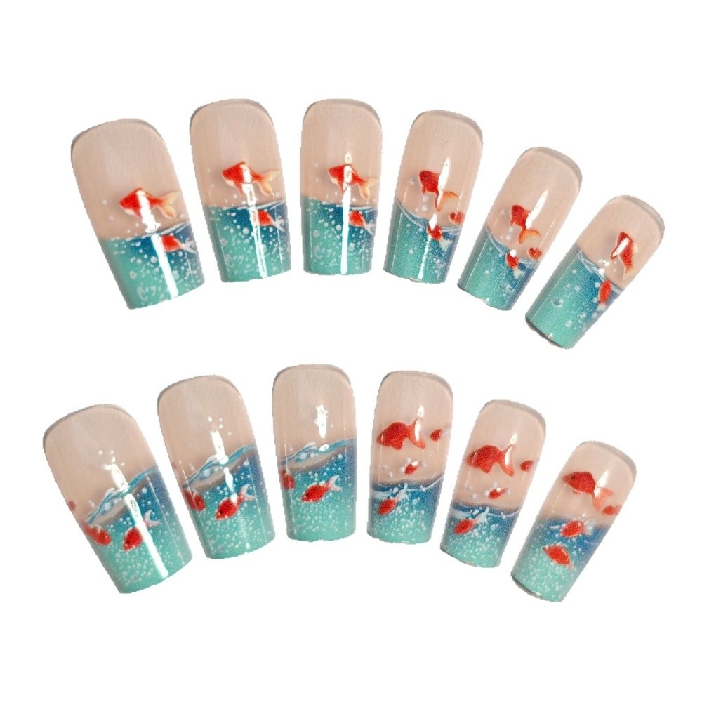 24pcs/set Fashion Transparent Nail Art Mold Fish Exquisite Fake Nails Square DIY Press-on Nails Nail Decorations