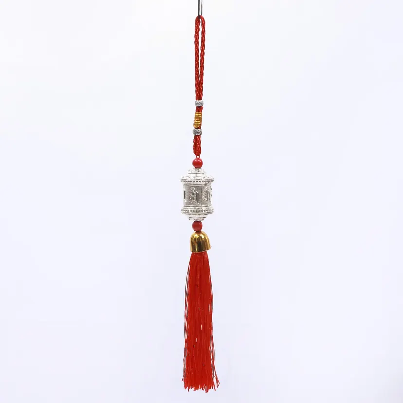 Rotating Buddhist Tibetan Symbol Om Mani Padme Hum Prayer Wheel Hanging Red Strings Wall Hanger