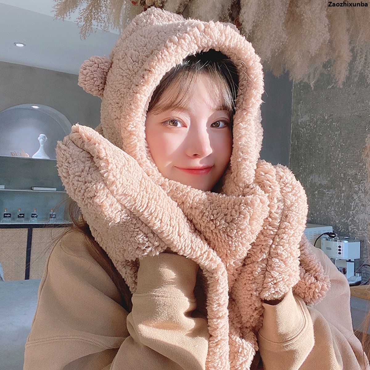 Linman ZaozhixunbaLittle Bear Hat Children's Winter Cute Winter Plush Scarf Glove Hot Selling 3-Piece Set with Hooded One Ear Protection, Windproof and Warm Bargain price