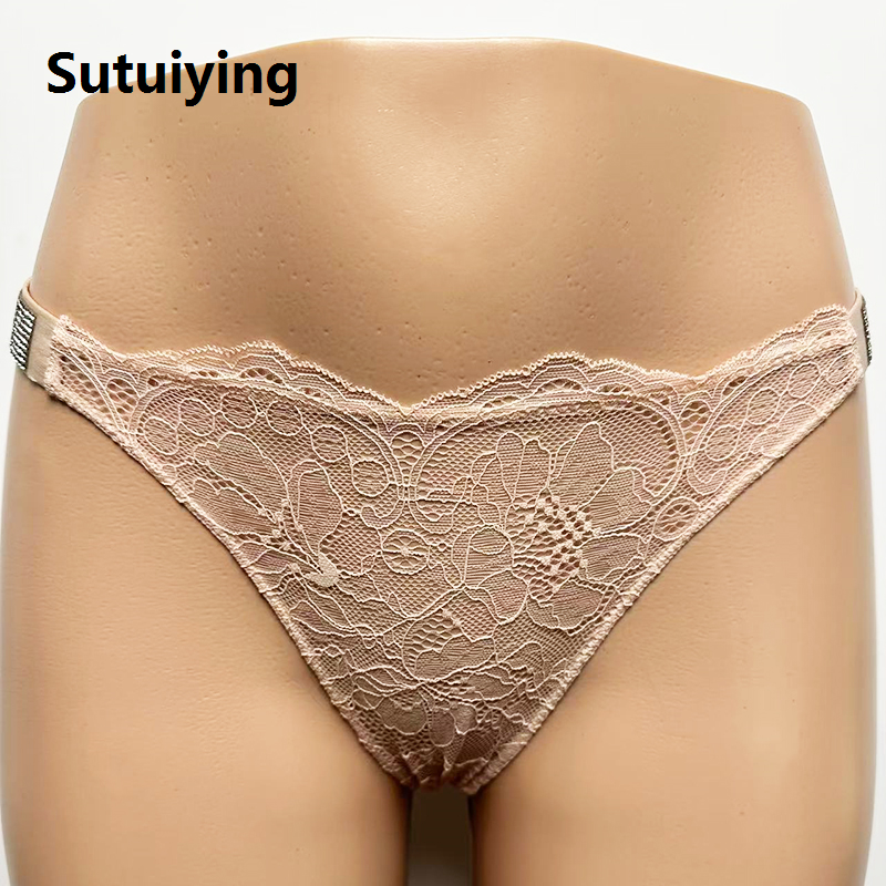 Sutuiying New Women's Fashion VS Hollow Lace Trim Thong Soft Comfortable Patterned Versatile with Rhinestones Underwear Panties