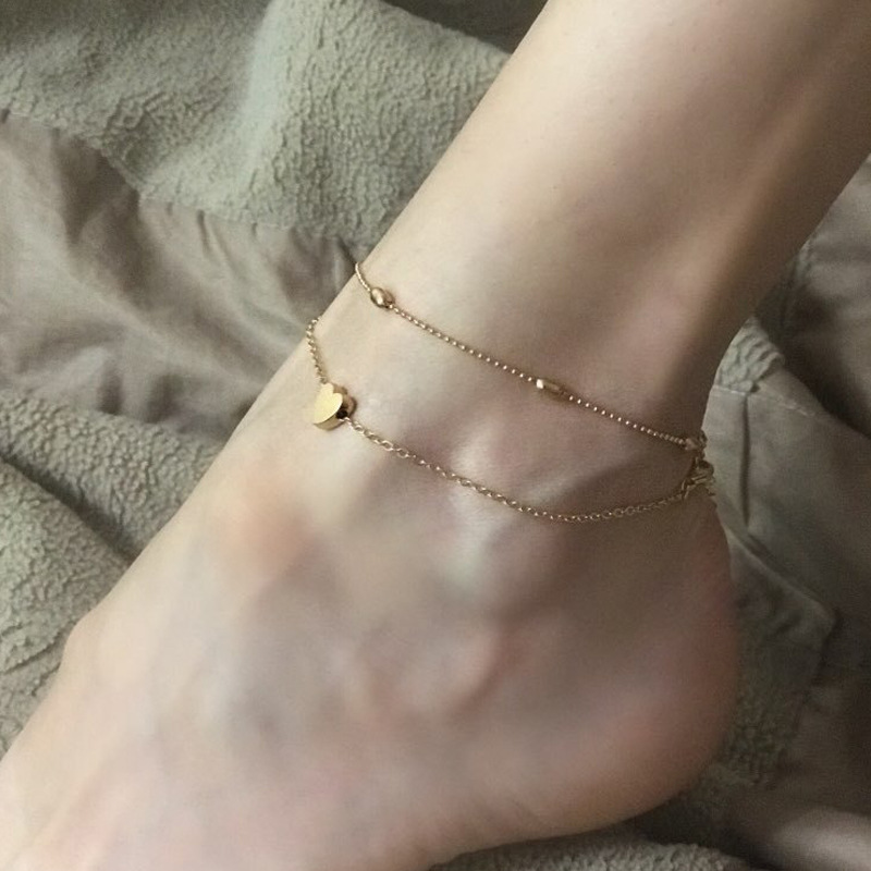 【New Arrivals】Cross-border Explosions Foot Decoration Fashion Simple Double Layer Copper Bead Peach Heart Foot Elegant Beach Heart-shaped Women's Foot