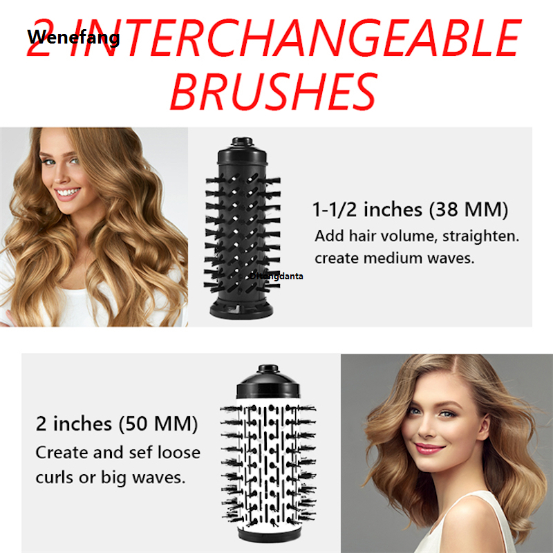Wenefang Hair dryer, electric curling iron, hair, hot air airflow, rotating 360 heads, 2 replaceable brushes, straight iron, curling iron, blower comb