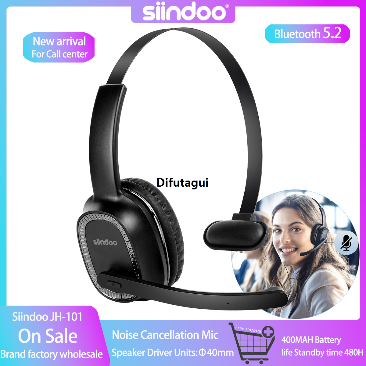 Difutagui Siindoo JH-101 Wireless Call Center Headset with Mic Noise Canceling Portable Headphones with 50H Talking Time For Office Work, Video