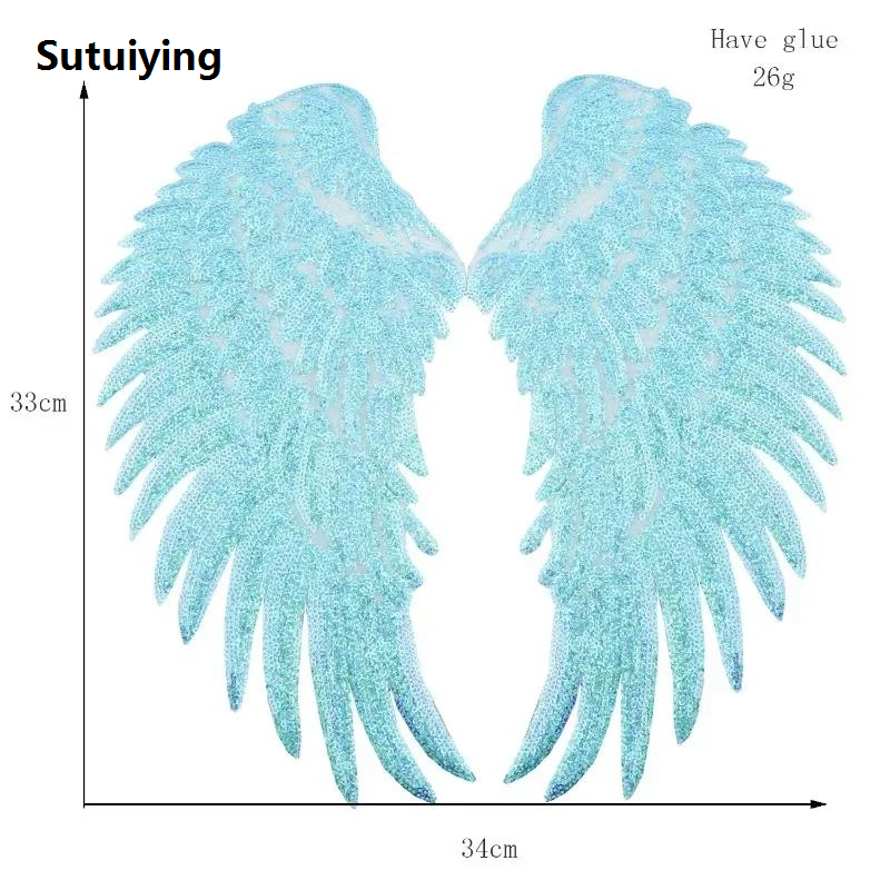 Sutuiying 1 Pair Large Sequin Wing Patch Sequins Angel Wings Patches Sewing High Quality Patches for Clothing Feather Patch for T-shirt Dress Hoodies