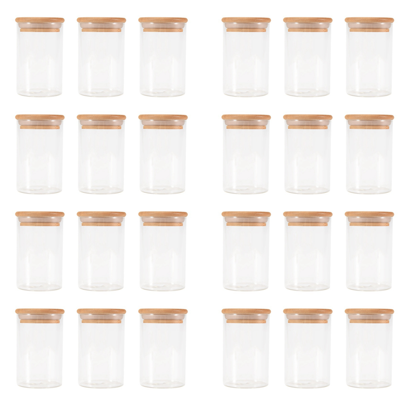 CGearuppt 24Pcs Glass Jars Set(300Ml),Clear Spice Jars with Bamboo Lids, Food Storage Jars Canisters for Kitchen Counter Organizer