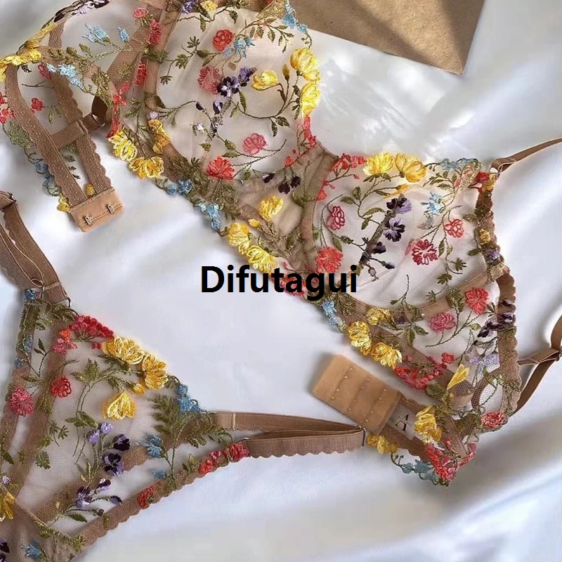 Difutagui New specials Ellolace Lingerie Fancy Lace Set Woman 2 Pieces Transparent New Women's Underwear Embroidery Beautiful Bra And Panty Set