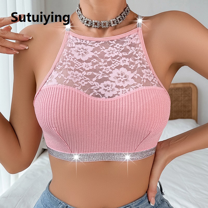 Sutuiying Women Lace Floral Ribbed Camisole Brassiere Female Underwear Comfortable Backless Bras New Fashion Ladies Lingerie