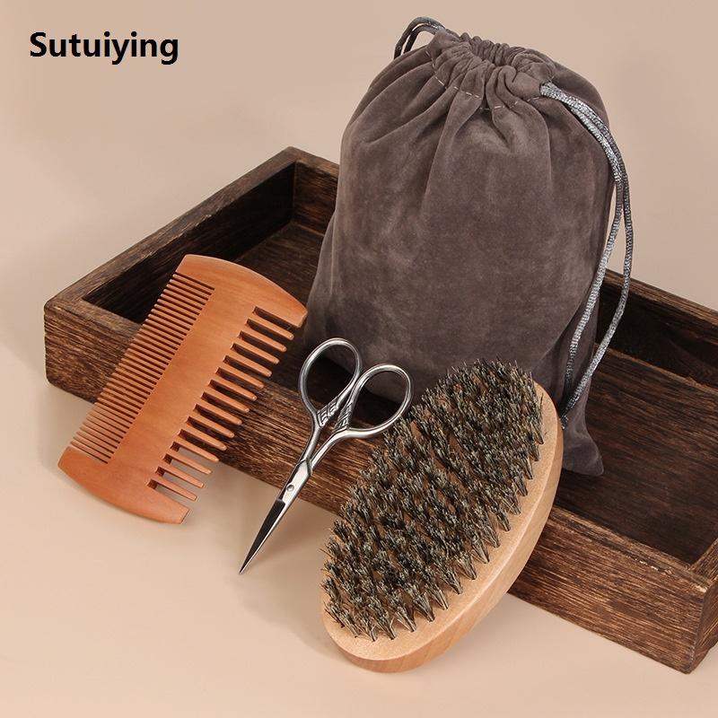 Sutuiying 4pcs/Set Men's Beard Grooming Kit Gift - Wooden Beard Comb, High Quality Boar Bristle Brush, Stainless Steel Scissors Storage Bag