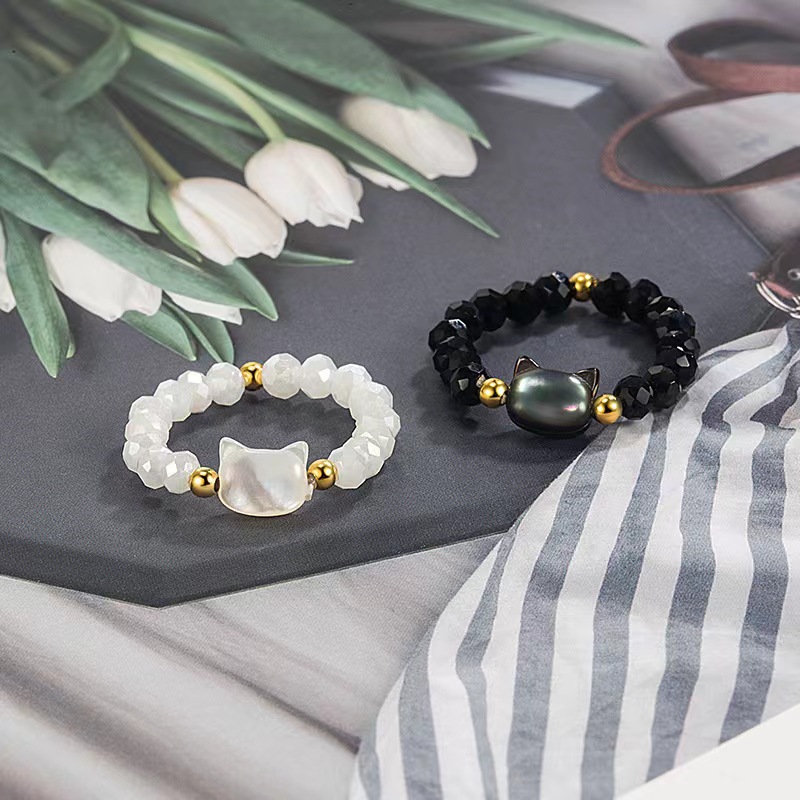 【Best Price Guaranteed】"Cat Story" insomnia mermaid cute cat beaded ring female black and white beads natural shell food