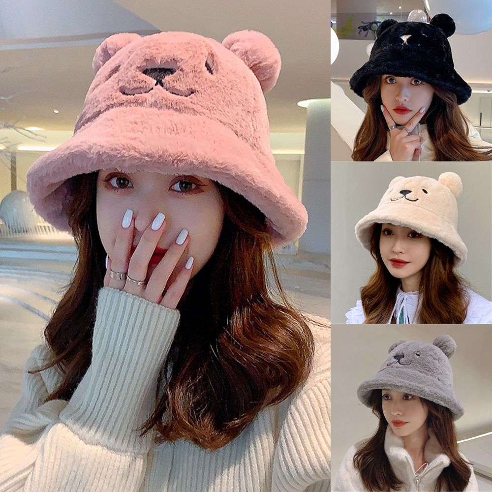 Cute Bear Ears Autumn Winter Warm Fisherman Hat Soft Plush Basin Hat Fur Bucket Hat