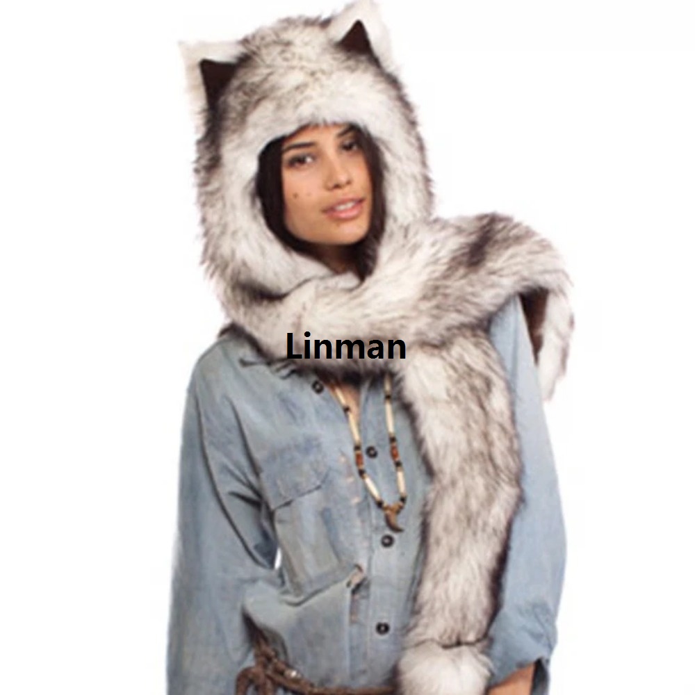 Men/Women Fur Hood Animal Hat Ear Flaps Gloves 3in1 Animal Fur Hat Wolf Plush Warm Imitation Fur Hats Cap with Scarf Gloves