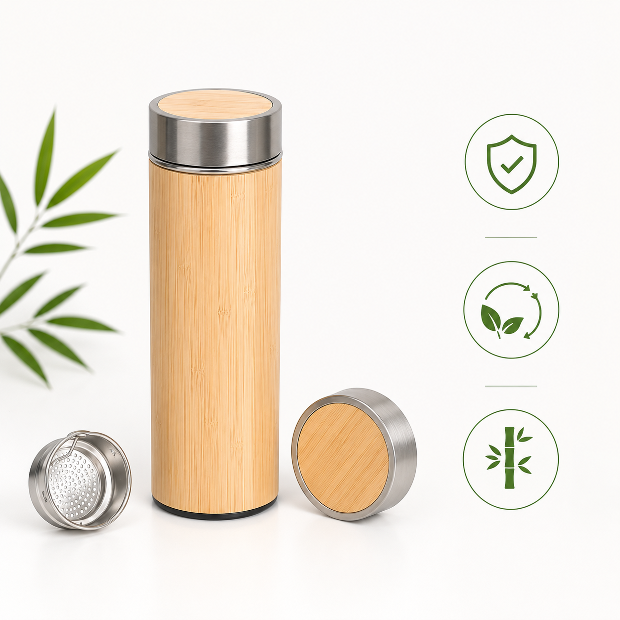 Eco-Friendly Bamboo Water Bottle, Stainless Steel Flask Water Bottle/Thermos with Tea Strainer | Double Wall Vacuum Insulated | Hot & Cold, 400ml / 500ml