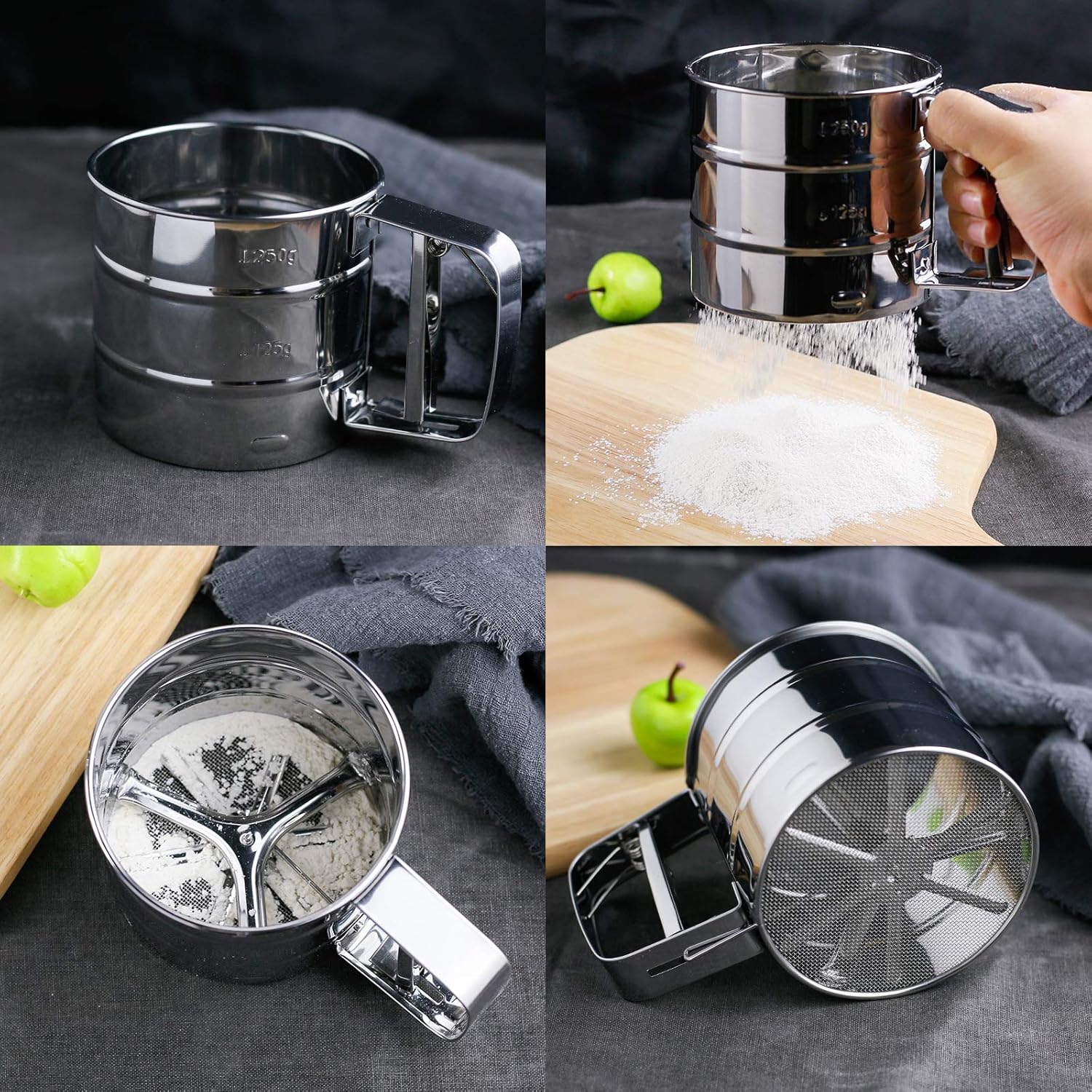 Flour sieve stainless steel material manufacturing,Coffee Sieve Cup,Semi Automatic 2 Cup Sifter for Baking | Fine Mesh Pastry Sieve Cup.
