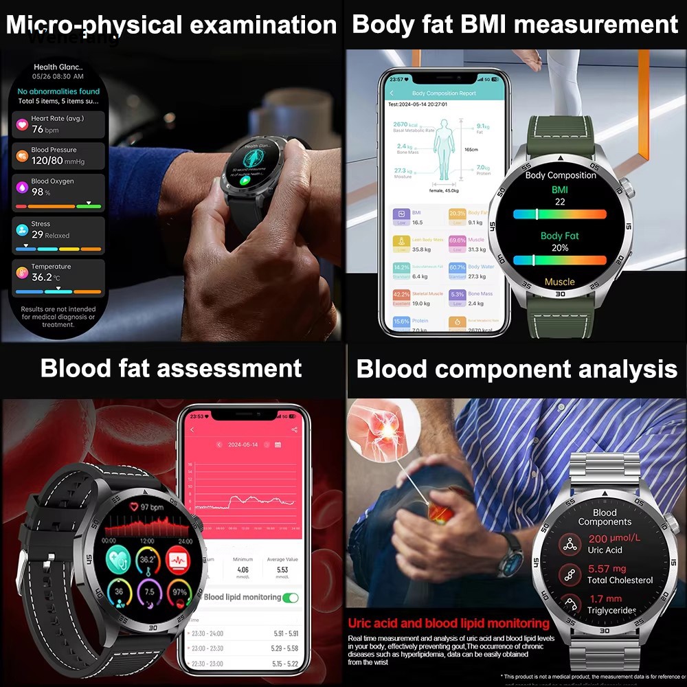 Wenefang 2025New Accurate Blood oxygen Uric Acid Smart Watch Men Micro Physical Examination Five Organ Health Bluetooth Call Smartwatch