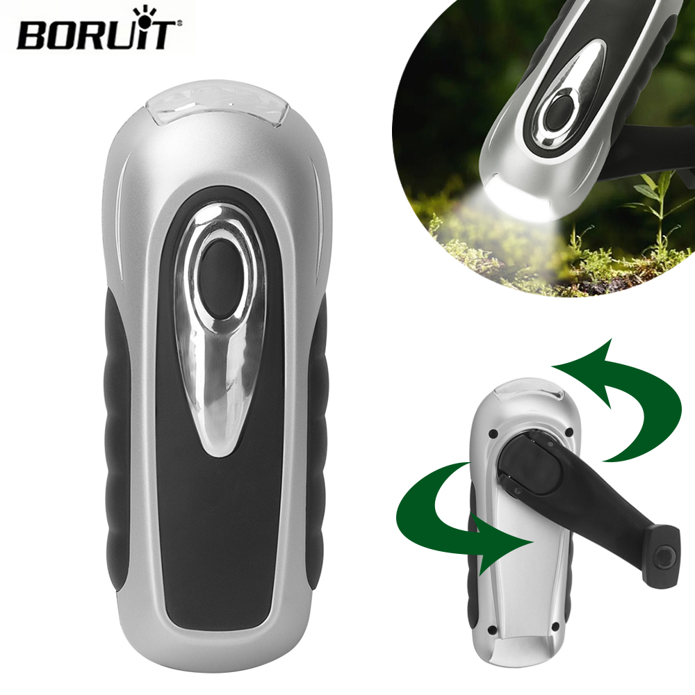 New BORUIT LED Flashlight Hand Crank Dynamo Solar Power Torch Outdoor Camping Hiking Long-range Emergency Lanter Survival Gear Self