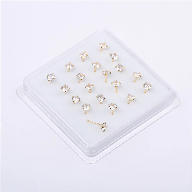 New 20 Pcs Straight Pin Nose Studs With 1.5mm 2MM 3MM 4MM CZ Crystal Nose Rings Piercing Body Jewelry Nose Bone Ball Pin
