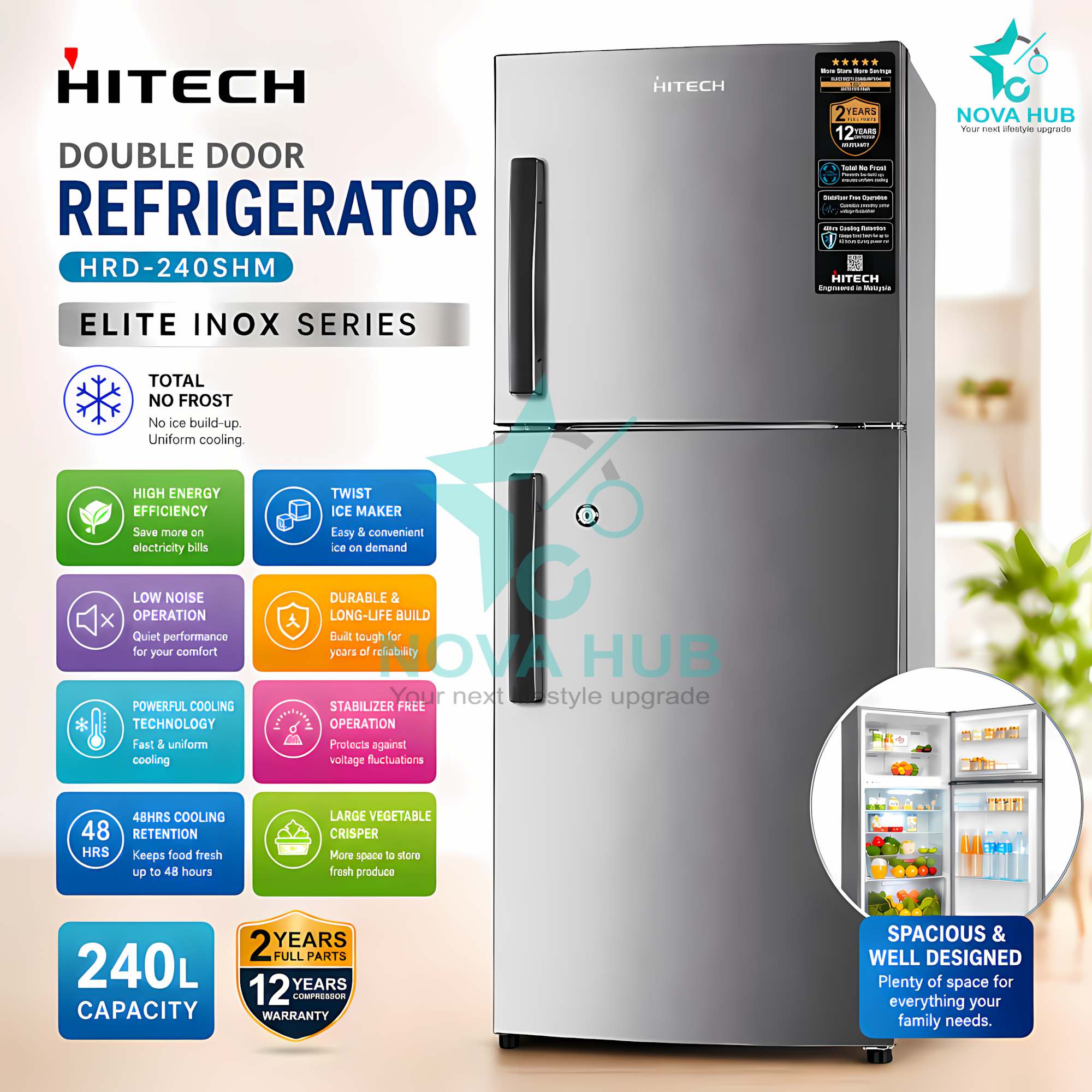 Hitech Malaysia HRD-240SHM 240L Double Door Refrigerator | Total No Frost Big Fridge | Energy Efficient Inox Double Door Fridge | Twist Ice Maker | 48Hr Cooling Retention | Toughened Glass Shelves | Fast Cooling Stabilizer Free LED | NovaHub Nova Hub