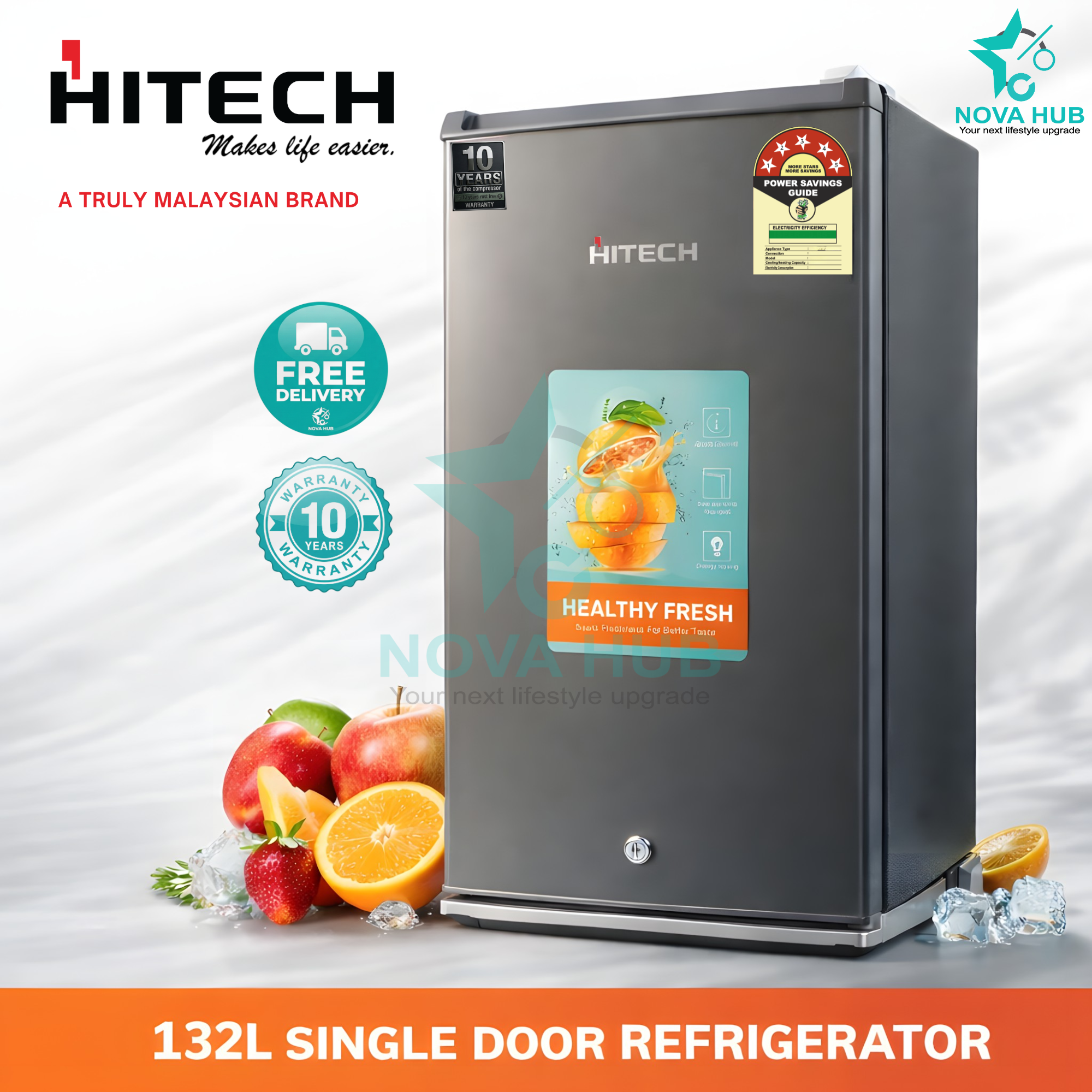 Hitech Malaysia HS-132LDT 132L Premium Compact Single Door Refrigerator | Mini Fridge | Premium Dark inox Glossy Finish | Secure Lock & Key | Durable Inside Glass Shelves | Transparent Side Door Shelves | Sleek Handle | Next Lifestyle upgrade NovaHub