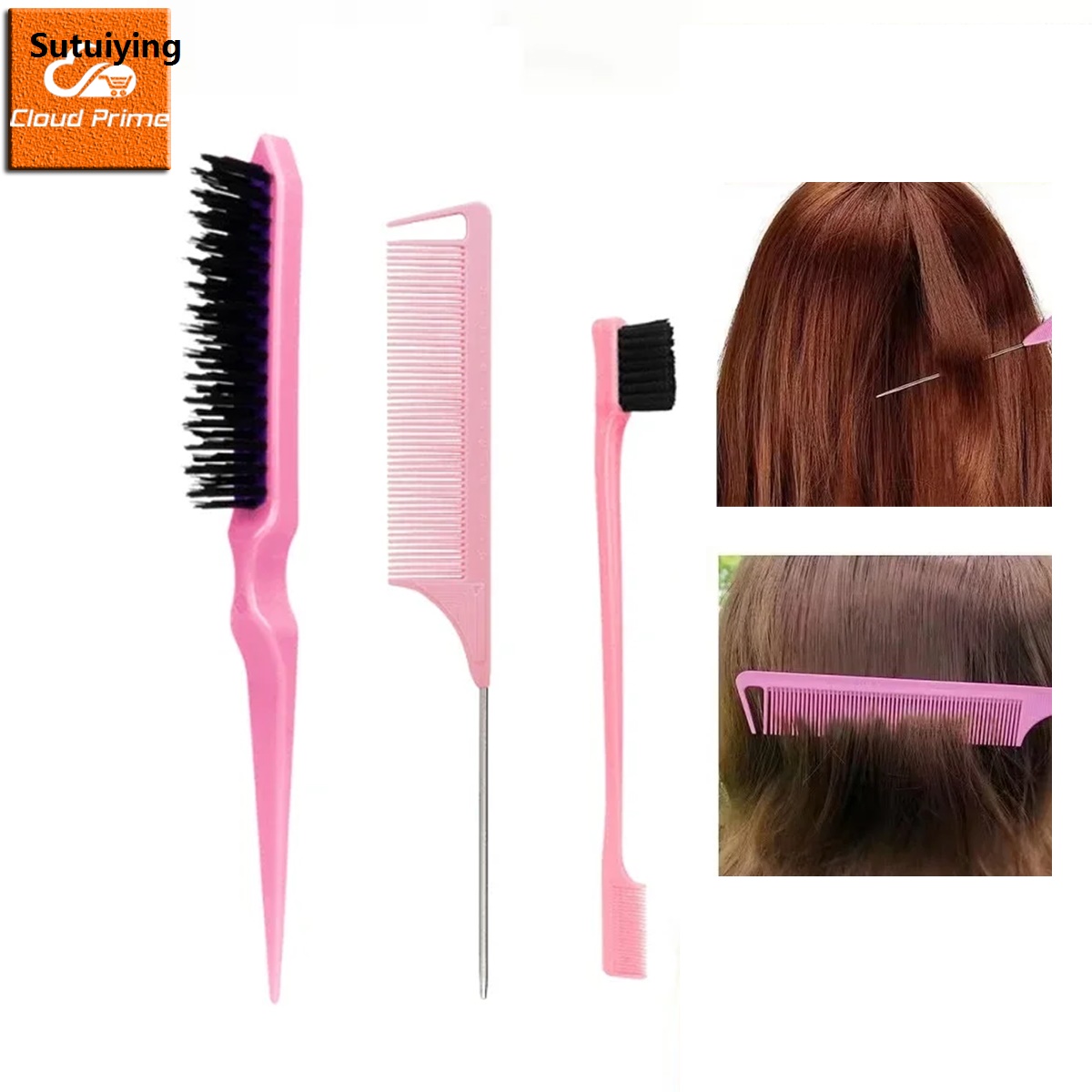 Sutuiying 3Pcs Slick Back Hair Brush Multi-functional Comb Set Bristle Profesional Double Ended Teasing for Hair Styling Makeup Brush Portable