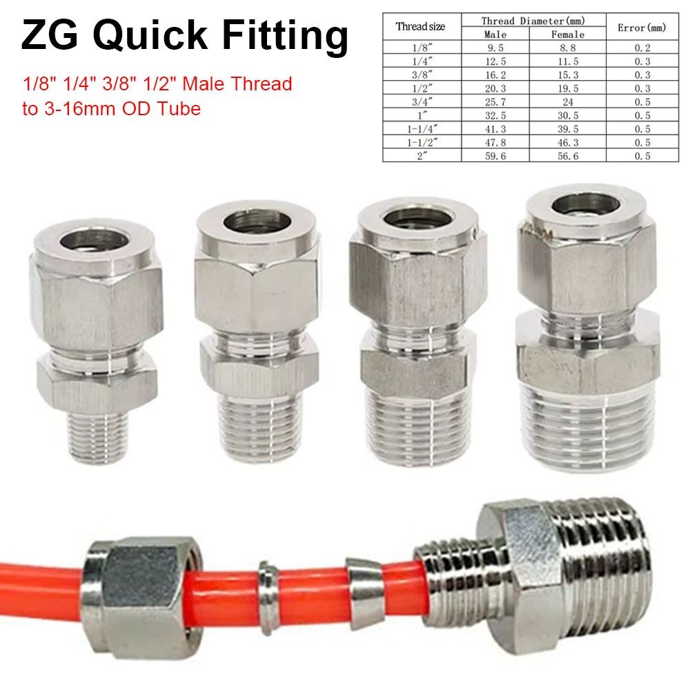 1Pcs Durable 1/8" 1/4" 3/8" 1/2" Male Thread to 3-16mm OD Quick Fitting 304 SS Stainless Steel Tube Connector Double Ferrule Metric ZG Pipe Fitting for Oil Water Gas