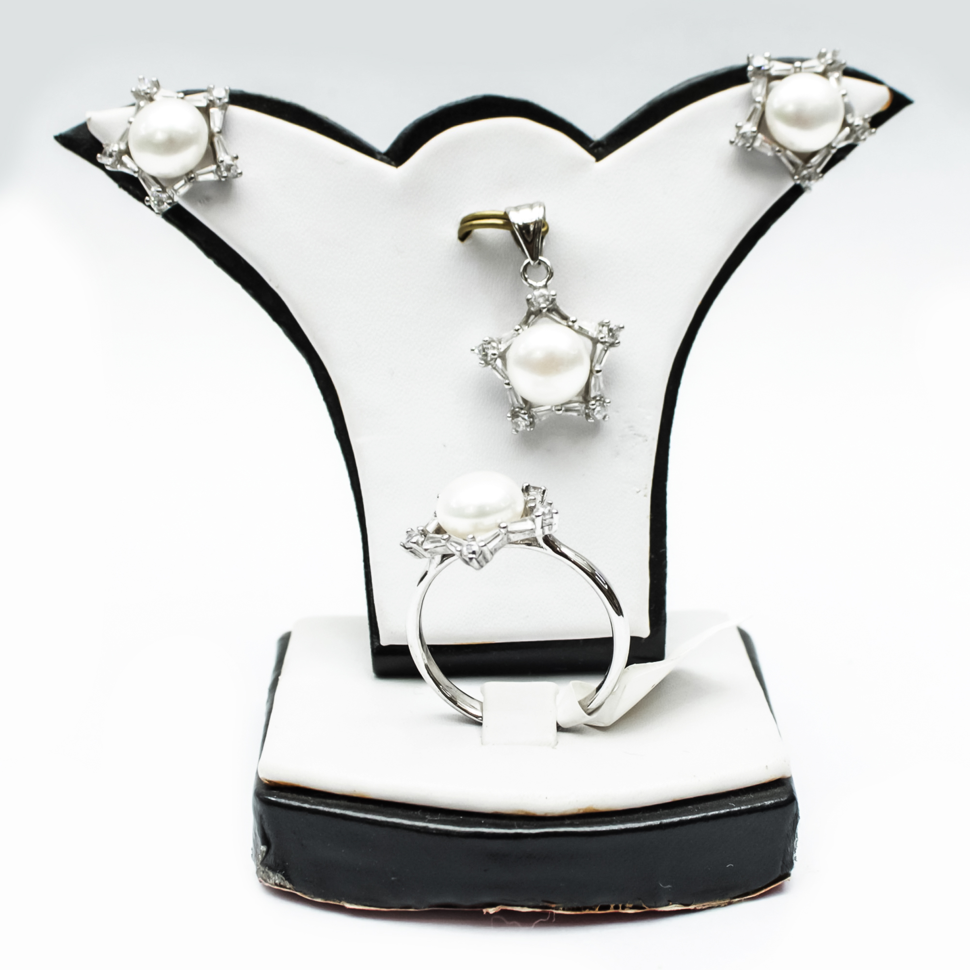 Pearl Star Stone White Zir Con Silver Set Earring,Ring & Pendant (Rodium Plated) For Women