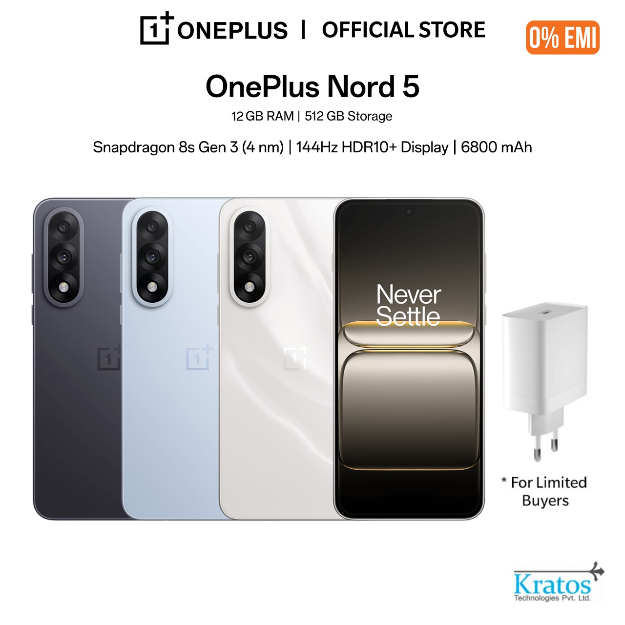 OnePlus Nord 5 (12/512GB) | 6.83" Swift AMOLED with Ultra HDR Display | Qualcomm® Snapdragon™ 8s Gen 3 Mobile Platform | 6800 mAh Battery | 80W Charging