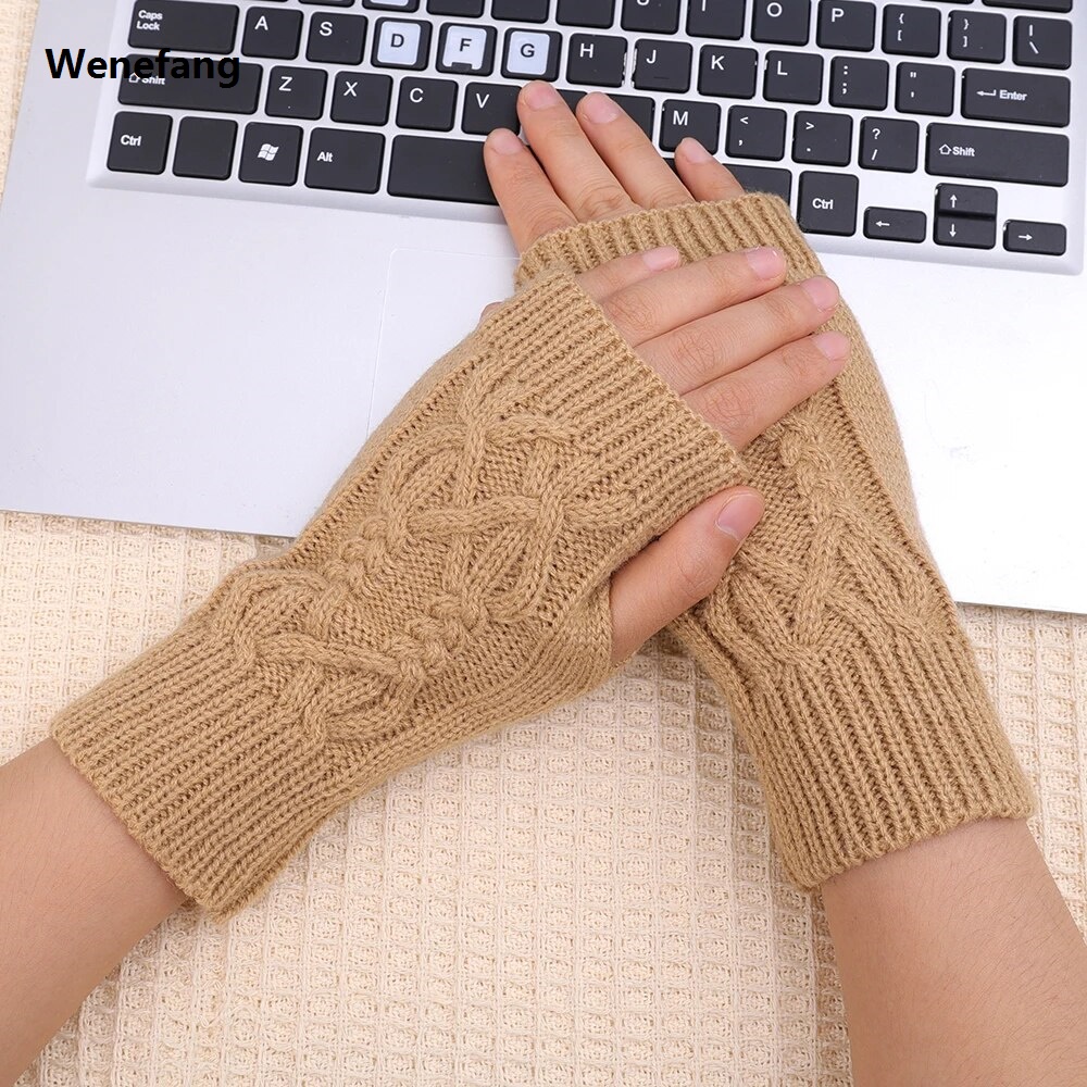 Wenefang Autumn Winter Knitted Short Gloves for Women Girls Warm Wool Fingerless Wrist Gloves Arm Sleeves Hand Warmers Soft Mitten