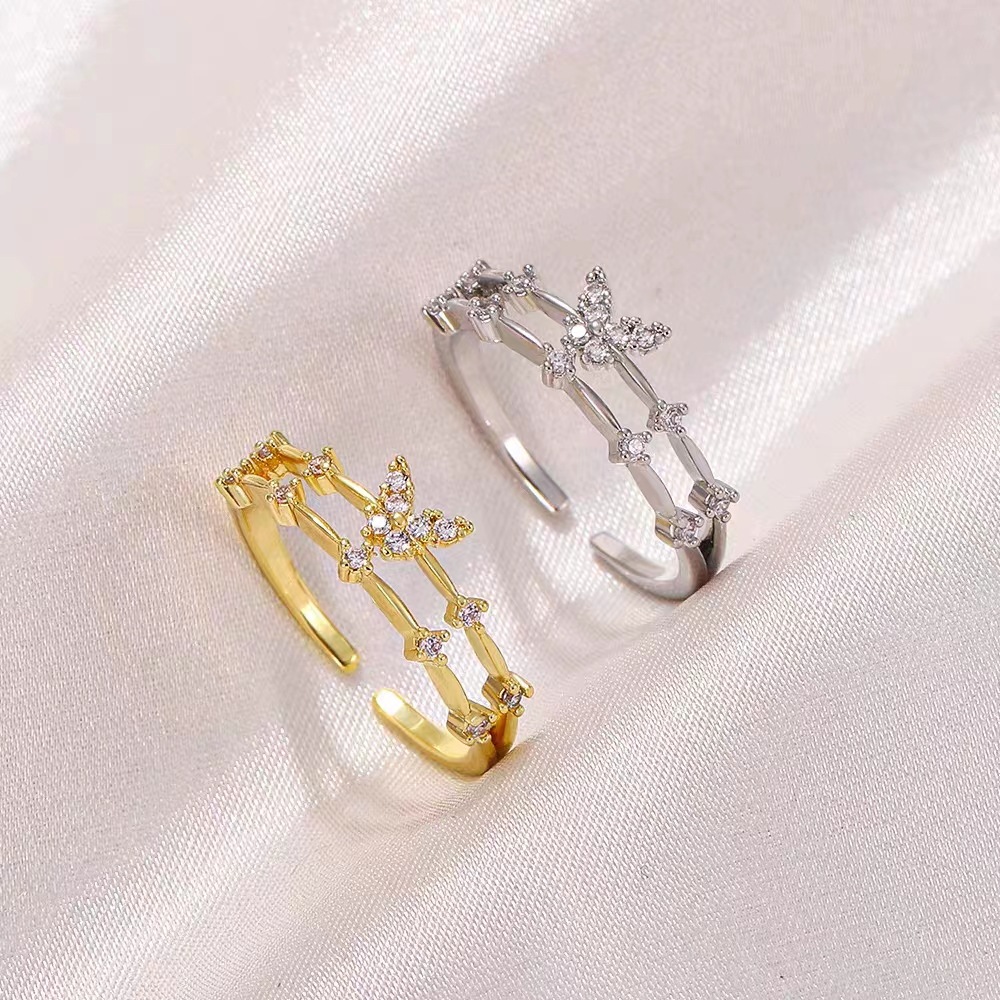 【Fresh designs】Trendy White 925 Ins Simple Butterfly Ring Women's Fashionable Zircon Double-layer Geometric Open Ring